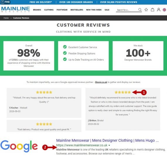 Mainline Menswear’s testimonial page generate a review rich-snippet on Google's organic search results.