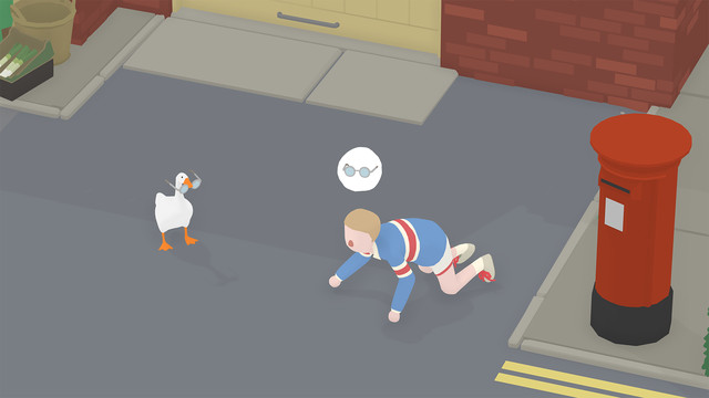 In Untitled Goose Game, a goose has stolen a boy’s glasses because the goose is a bully. The child blindly searches for his stolen glasses, unaware the goose is smugly carrying them feet away.