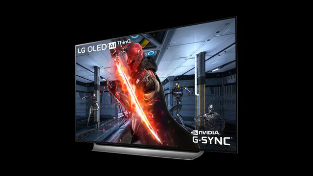 an LG OLED TV with Nvidia G-Sync artwork on it, on a black background