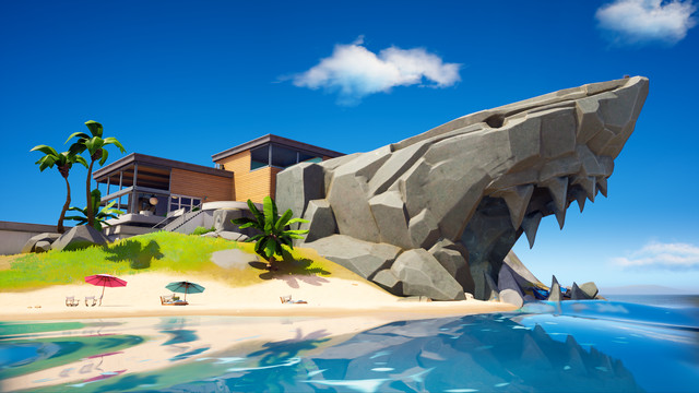 A giant rock shaped like a shark with a secret lair behind it in Fortnite chapter 2 season 2 